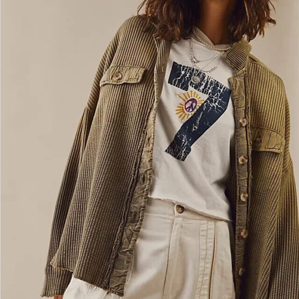 Free People scout jacket shacket waffle knit button up Olive Green Women Jacket - Picture 4 of 4